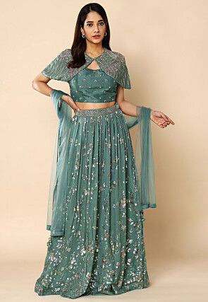 Embroidered Georgette Lehenga in Sea Green