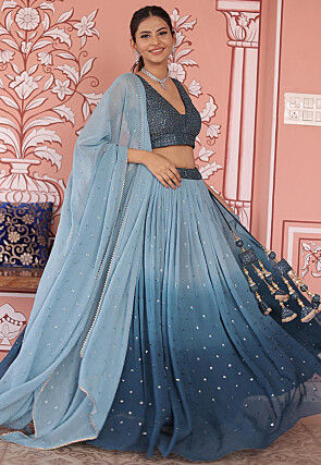 Embroidered Georgette Lehenga in Shaded Blue