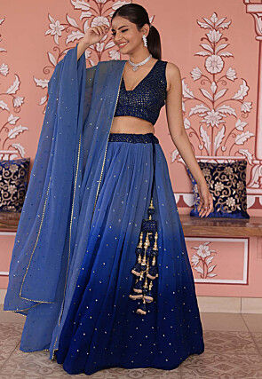 Embroidered Georgette Lehenga in Shaded Blue