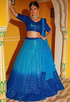 Embroidered Georgette Lehenga in Shaded Blue