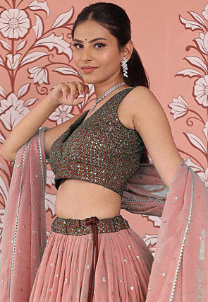 Embroidered Georgette Lehenga in Shaded Brown and Peach