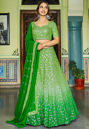 Embroidered Georgette Lehenga in Shaded Green