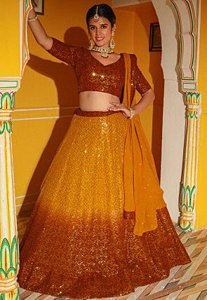 Embroidered Georgette Lehenga in Shaded Mustard and Rust
