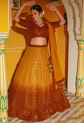 Embroidered Georgette Lehenga in Shaded Mustard and Rust
