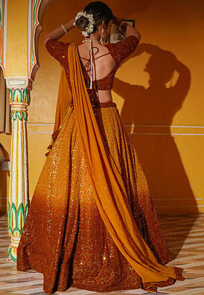 Embroidered Georgette Lehenga in Shaded Mustard and Rust
