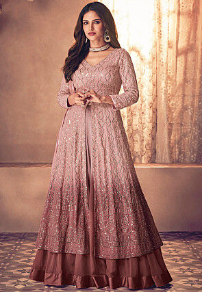 Embroidered Georgette Lehenga in Shaded Peach and Brown