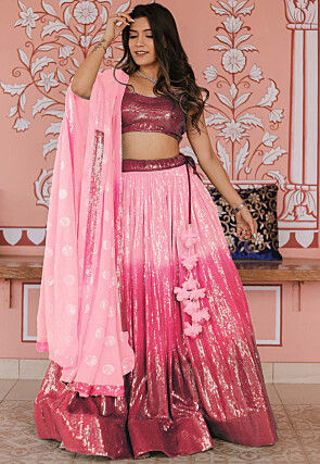 Embroidered Georgette Lehenga in Shaded Pink
