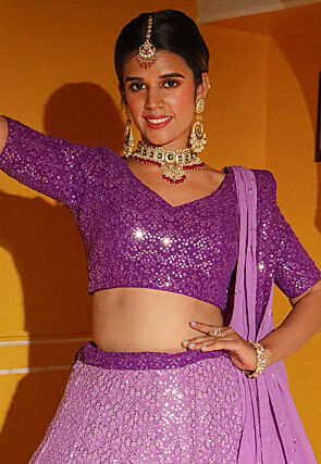 Embroidered Georgette Lehenga in Shaded Purple
