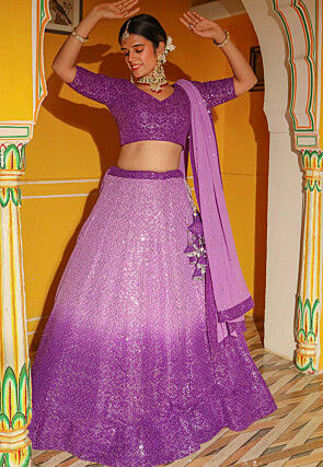 Embroidered Georgette Lehenga in Shaded Purple