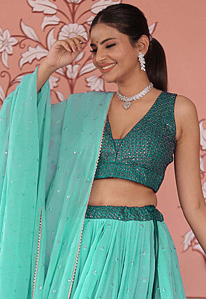 Embroidered Georgette Lehenga in Shaded Sea Green