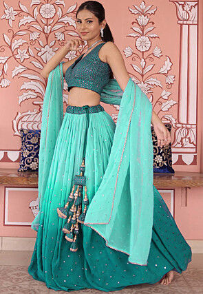Embroidered Georgette Lehenga in Shaded Sea Green