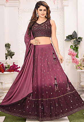 Embroidered Georgette Lehenga in Shaded Wine and Pink