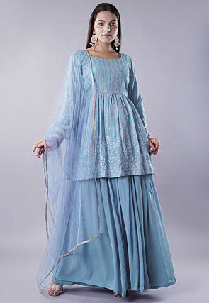 Embroidered Georgette Lehenga in Sky Blue