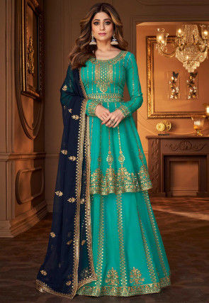 Embroidered Georgette Lehenga in Turquoise