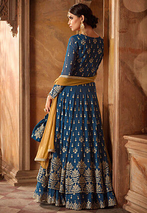 Embroidered Georgette Lehenga in Teal Blue