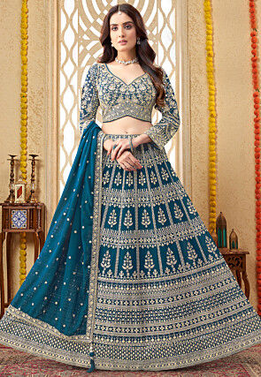 Embroidered Georgette Lehenga in Teal Blue