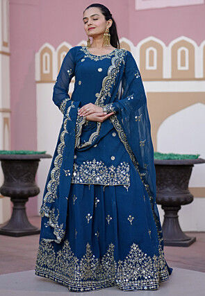 Embroidered Georgette Lehenga in Teal Blue