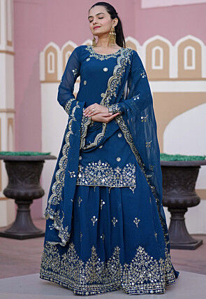Embroidered Georgette Lehenga in Teal Blue