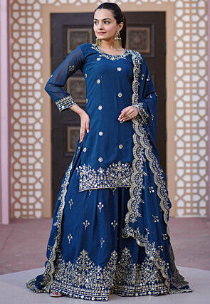Embroidered Georgette Lehenga in Teal Blue