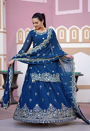 Embroidered Georgette Lehenga in Teal Blue