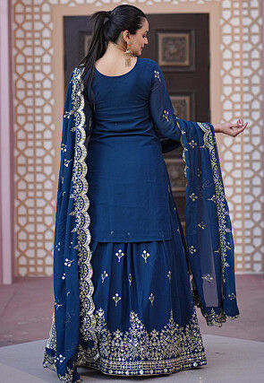 Embroidered Georgette Lehenga in Teal Blue