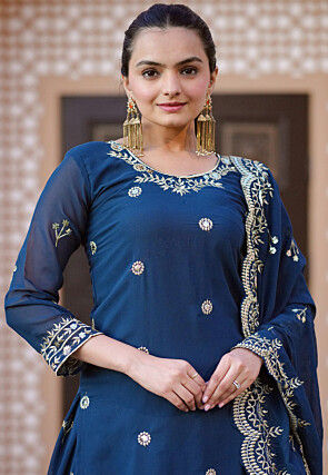 Embroidered Georgette Lehenga in Teal Blue