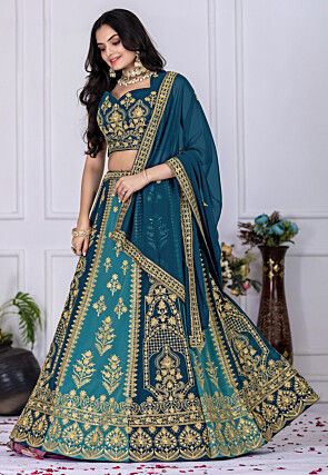 Embroidered Georgette Lehenga in Teal Blue