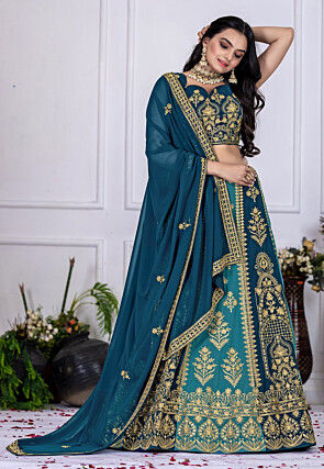 Embroidered Georgette Lehenga in Teal Blue