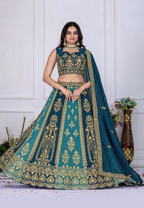 Embroidered Georgette Lehenga in Teal Blue