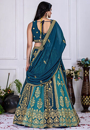 Embroidered Georgette Lehenga in Teal Blue