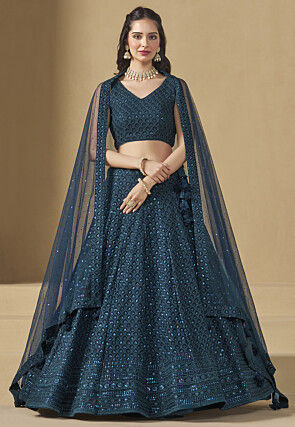 Embroidered Georgette Lehenga in Teal Blue