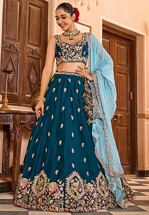 Embroidered Georgette Lehenga in Teal Blue