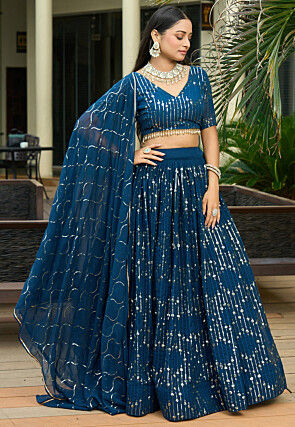 Embroidered Georgette Lehenga in Teal Blue