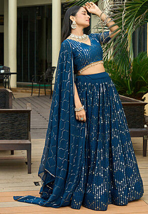 Embroidered Georgette Lehenga in Teal Blue