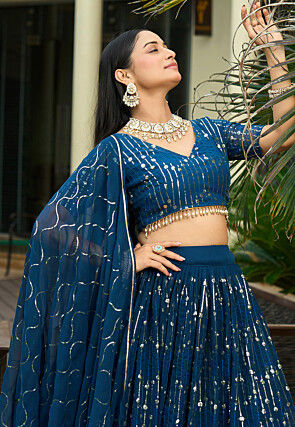 Embroidered Georgette Lehenga in Teal Blue