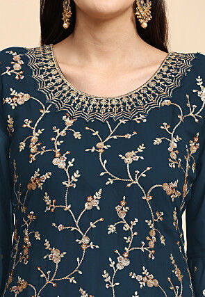 Embroidered Georgette Lehenga in Teal Blue