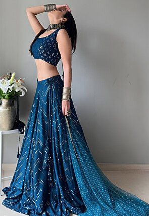 Embroidered Georgette Lehenga in Teal Blue