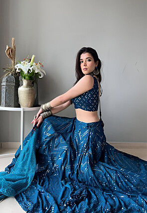Embroidered Georgette Lehenga in Teal Blue