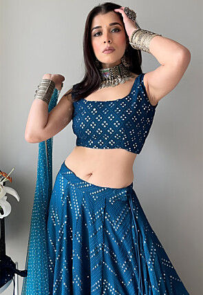 Embroidered Georgette Lehenga in Teal Blue