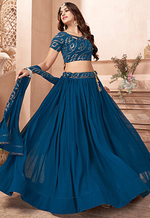 Embroidered Georgette Lehenga in Teal Blue