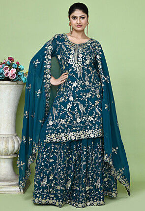 Embroidered Georgette Lehenga in Teal Blue