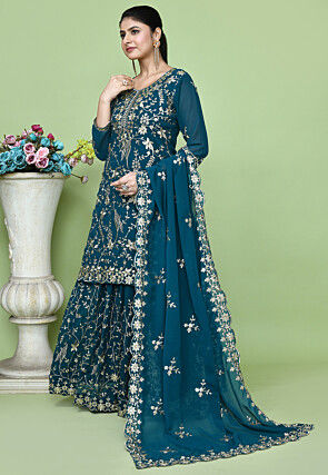 Embroidered Georgette Lehenga in Teal Blue