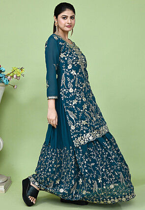 Embroidered Georgette Lehenga in Teal Blue