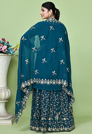 Embroidered Georgette Lehenga in Teal Blue