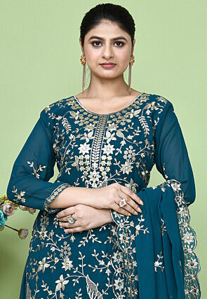 Embroidered Georgette Lehenga in Teal Blue