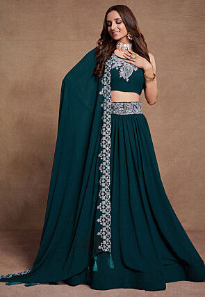 Embroidered Georgette Lehenga in Teal Blue