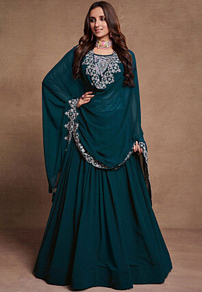 Embroidered Georgette Lehenga in Teal Blue