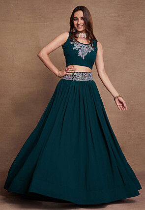 Embroidered Georgette Lehenga in Teal Blue