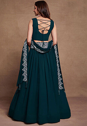 Embroidered Georgette Lehenga in Teal Blue