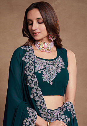 Embroidered Georgette Lehenga in Teal Blue